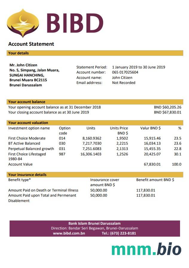 Brunei Bank Islam Brunei Darussalam wyciąg bankowy łatwy do wypełnienia szablon w formacie Excel i PDF (AutoSum)